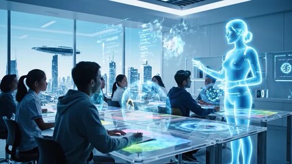 Futuristic classroom with holographic teacher and students learning technology. - Powered by Adobe