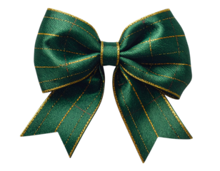 Close-up of a festive, emerald green bow with gold grid detailing against a black background