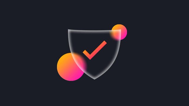 A translucent shield with a check mark and red dots represents verified security protocols or the successful completion of a system safety scan