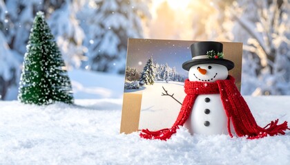 A snowman with a card depicting a snowy landscape in a winter scene, next to a tree