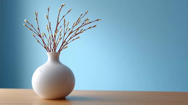 Minimal white ceramic vase with pussy willow stems and soft buds on wooden table by blue wall. Camera gently pushes closer as light brightens, showing spring decor, soft shadows, and copy space.