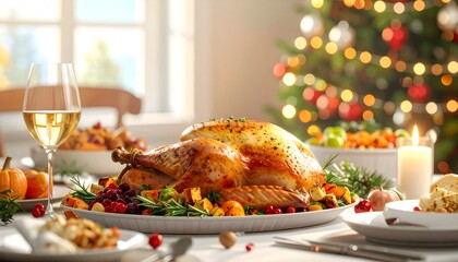 Festive table with roasted fowl and holiday dishes, near a blurred Christmas tree