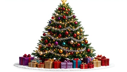 Festive Christmas tree adorned with ornaments, lights, and presents on a white background