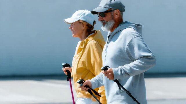 Happy senior couple practicing Nordic walking outdoors, healthy aging and active retirement lifestyle