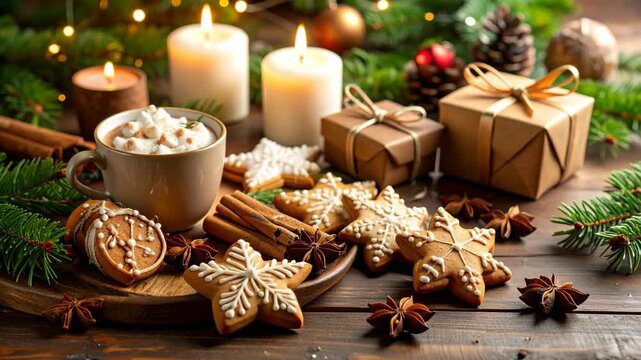 Festive Christmas composition with star-shaped gingerbread cookies, hot chocolate and gifts on a wooden table setting with lights