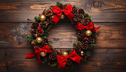 Holiday wreath of pinecones, greenery, red bows, and ornaments against a wood background