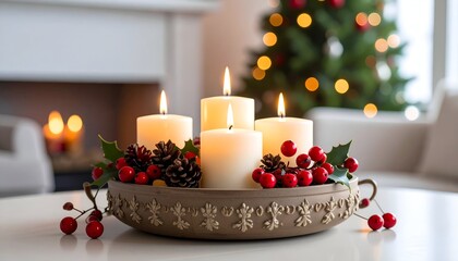 Close-up of lit candles on table with festive decor, blurred Christmas tree backdrop