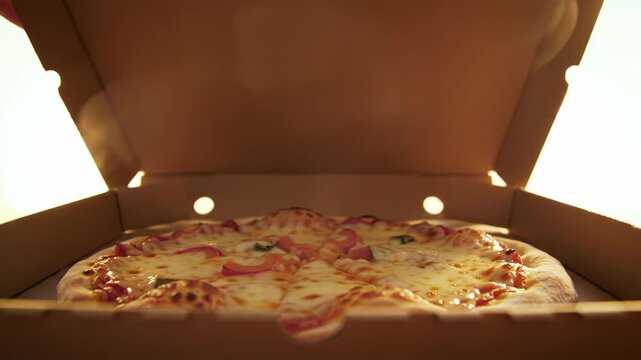 Hot baked flatbread topped with melted cheese and ingredients inside an open cardboard container