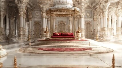 A grand ornate chamber in gold and white, featuring a raised platform with a red settee