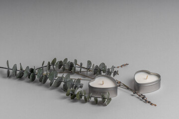 Two heart-shaped candles next to eucalyptus leaves on a gray background.