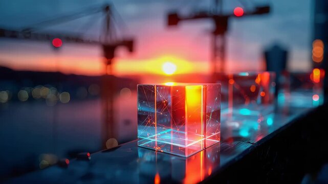 Glowing glass cube with digital network lines against urban sunset, futuristic technology and data concept