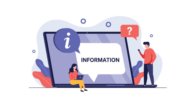 Information center and customer support concept with people using a laptop and phone to access an online FAQ and help desk for answers.