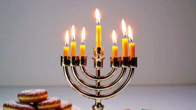 Hanukkah holiday composition with festive menorah candles sufganiyot donuts dreidel david star traditional jewish hanuka festival ceremony flat vector illustration isolated on white background
