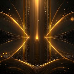 Golden, symmetrical, abstract background with glowing lines and particles