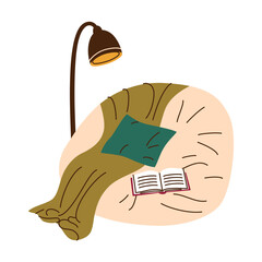 Flat cartoon vector illustration of cozy reading nook with soft armchair, blanket, pillow, open book and floor lamp, home atmosphere, warm hygge mood for lifestyle, leisure and interior design