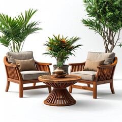 Outdoor teak wood patio set with two armchairs and a round table, surrounded by tropical plants