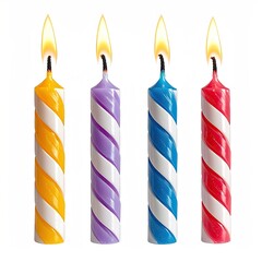 Four birthday candles, multicolored and swirled, with flames