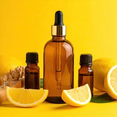 Amber glass bottles, lemon slices, and a yellow background.  Natural skin care products