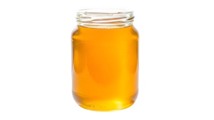 Glass jar filled with golden honey, isolated on transparent background