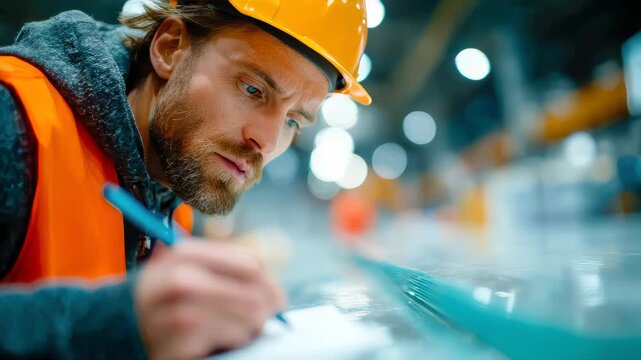 Factory technician in protective gear carefully inspecting and marking a metal sheet during industrial quality control process inside a manufacturing facility