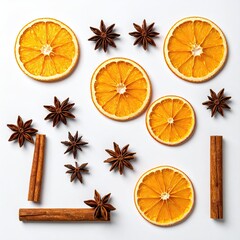 Dried orange slices, star anise, and cinnamon sticks arranged on a white background
