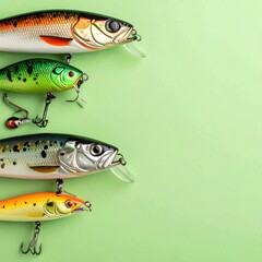 Fishing lures, various colors and sizes,  on mint green background