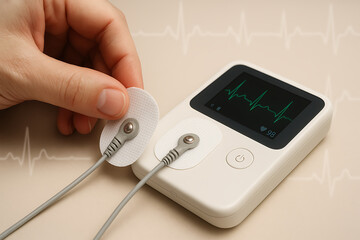 Medical technician hand applying an electrode sensor patch for heart rate and ekg monitoring service