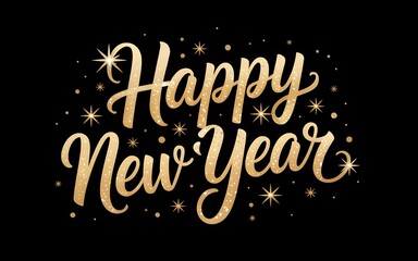Fototapeta premium Happy new year golden glitter calligraphy with festive stars on a black background
