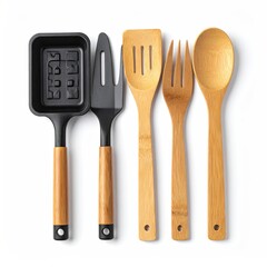 Kitchen utensils, black and bamboo