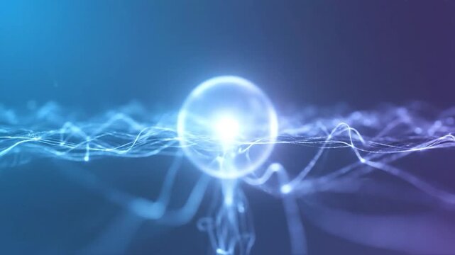 Abstract blue-purple backdrop with a glowing orb and wavy, interconnected light lines