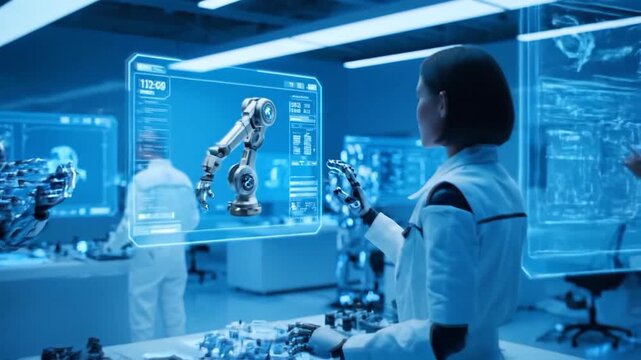 Futuristic laboratory with robots and scientists working on advanced technology.