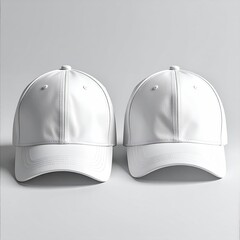 Two identical white baseball caps.  Flat, studio shot,  against a plain light gray background.  Caps are slightly angled,  showing clean, smooth fabric