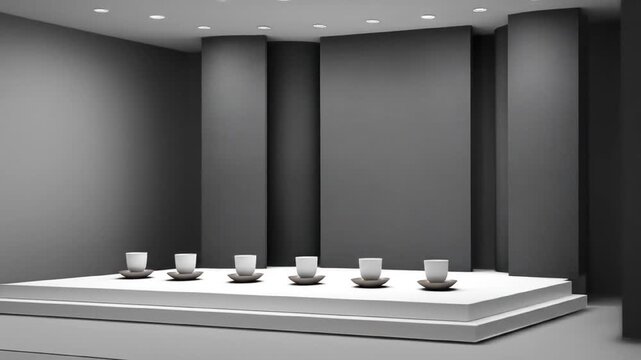 Modern interior with a white platform, cups, and recessed lighting, in a gray-toned space