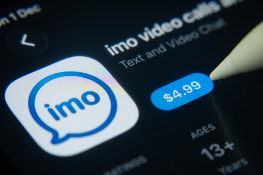 Dhaka, Bangladesh- 01 Dec 2025: A close-up of the imo app icon in the App Store on an iPad screen.