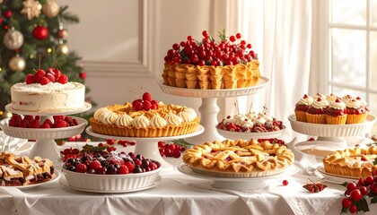 Holiday dessert spread with multiple cakes, pies, and cupcakes, festive and elegant
