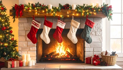 Cozy scene fireplace aglow, stockings hung, tree lit, with gifts and holiday cheer