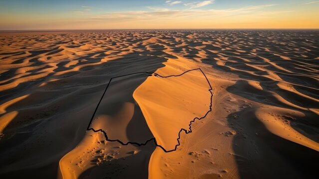 Aerial view of dramatic Saharan desert landscape at sunrise with Ohio state outline