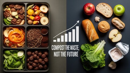 Organic food waste and composting concept with meal prep container and fresh produce on dark background