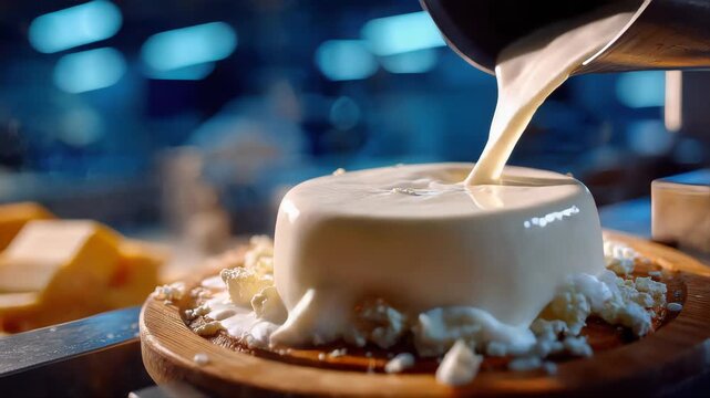 Fresh ricotta cheese being made with hot whey poured over curds in a professional dairy production environment
