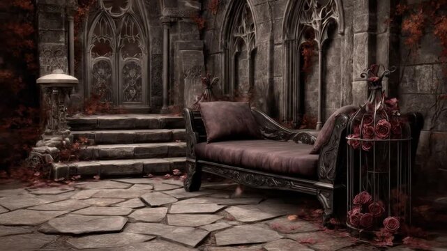 A gothic scene features a daybed and cage of red roses amidst an aged, stonework alcove