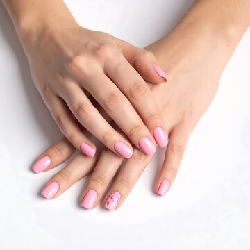 Two light-skinned hands with pink manicured nails clasped gently on a white background, capturing elegance and simplicity