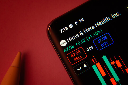 Dhaka, Bangladesh- 08 Sep 2025: Close-up of a phone screen showing Hims & Hers Health stock market data with a candlestick chart.