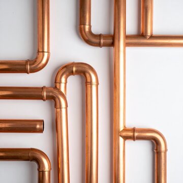 Copper pipes arranged in a complex pattern against a white background