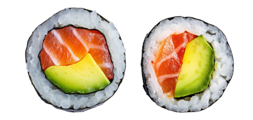 Sushi roll Maki with salmon, avocado, cucumber and rice wrapped in seaweed, isolated on white transparent background