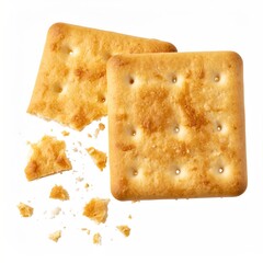 Fototapeta premium Two square crackers, one broken, with crumbs scattered