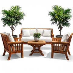 Fototapeta premium Wooden outdoor sectional with cream cushions