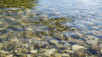 Transparent river stream flowing above pebbles creating ripples and patterns through the sunlight