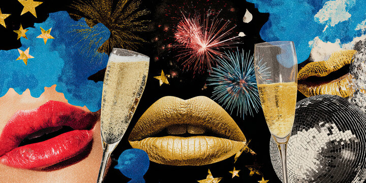 A Festive Celebration of Glamour and Joy Featuring Sparkling Champagne, Glittering Disco Balls, and Explosive Fireworks Against a Colorful Backdrop