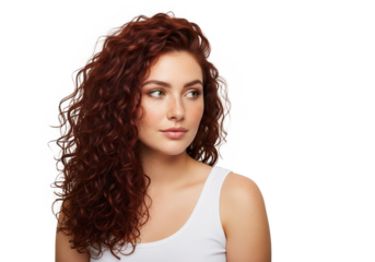 French Woman with beautiful curly hair, she has light freckles, she's isolated for hair product advertisement usage