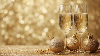 Champagne glasses and baubles on golden background